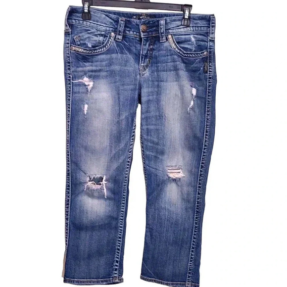 Silver Jeans Denim - Silver Jean Co. Tuesday Blue Denim Distressed Capri